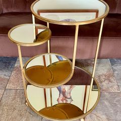 Antique Gold Gilt Leaf Metal And Mirrored Glass 4 Tier Side Table