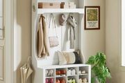 Coat rack with shelf, bench, hooks, shoe cubbies
