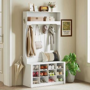 Coat rack with shelf, bench, hooks, shoe cubbies