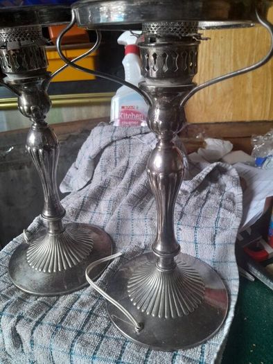 vintage pair of silver plate lamps
