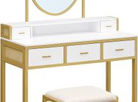 main image for ad Dressing table, dressing table with stool, cosmetic table with oval mirror and open compartment, drawers, modern, for bedrooms, dressing rooms, white and gold-colored