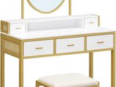 Dressing table, dressing table with stool, cosmetic table with oval mirror and open compartment, drawers, modern, for bedrooms, dressing rooms, white and gold-colored