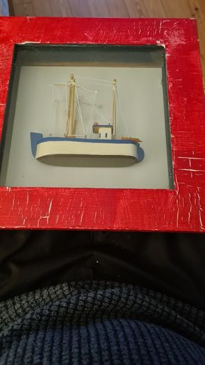 MODEL Fisfing Boat Trawler Framed Behind Glass. In Good Condition.