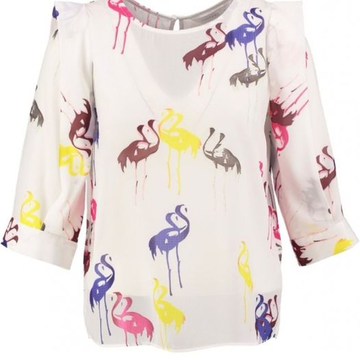 Anonyme Designers White Flamingo Print Blouse 3/4 Sleeves