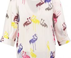 Anonyme Designers White Flamingo Print Blouse 3/4 Sleeves