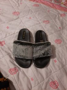 faux chinchilla fur sliders