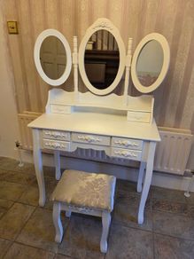 Laura James Style White Dressing Table Vanity Set with Triple Mirror & Stool