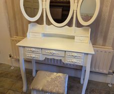Laura James Style White Dressing Table Vanity Set with Triple Mirror & Stool