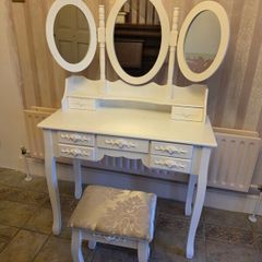 Laura James Style White Dressing Table Vanity Set with Triple Mirror & Stool