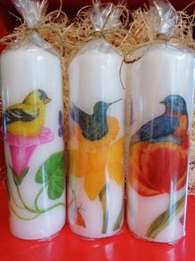 Brand new decorative spring easter white decoupage pillar candle set birds flowers