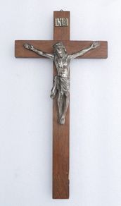 Vintage Wall Hanging Crucifix Wood Cross Heavy Metal Jesus length 12"