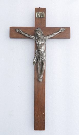 Vintage Wall Hanging Crucifix Wood Cross Heavy Metal Jesus length 12"