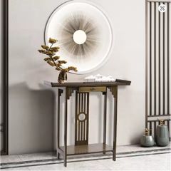 Brown Bamboo Console Table with Drawer and Bottom Shelf Hallway, Entryway & Living Room Furniture