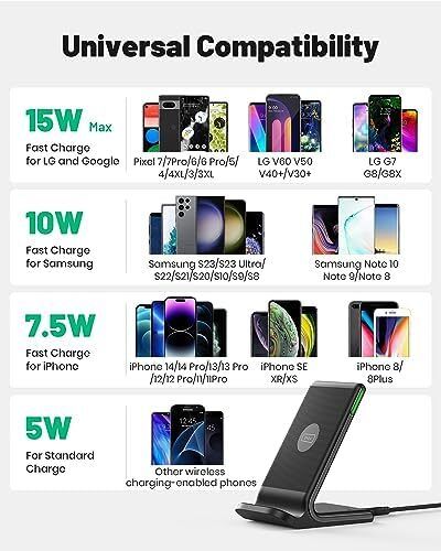 Wireless Charger Stand, 15W Qi Fast Charging Dock Phone Charger, Adaptive LED Wireless Charging Station for iPhone 16 15 14 13 12 11 9 8 XR, Samsung S22 S21 S10 S9, LG V40 G8, Pixel 8 7 6 etc.