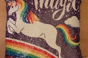 Sequinned unicorn cushion