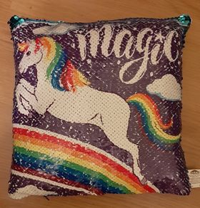 Sequinned unicorn cushion