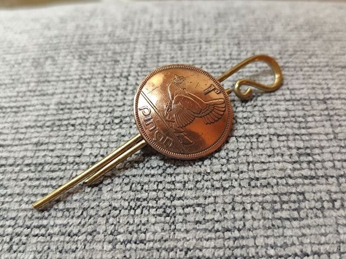Vintage Irish Coin Brooch Pin Tie Slide attached to a brass crook design