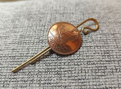 Vintage Irish Coin Brooch Pin Tie Slide attached to a brass crook design