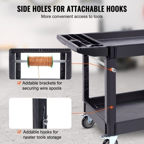 Utility Service Cart, 2 Shelf 249.5 kg Heavy Duty Plastic Rolling Utility Cart with 360 Swivel Wheels (2 with Brakes), Large Lipped Shelf, Ergonomic Storage Handle for Warehouse/Garage/Cleaning