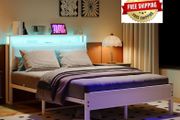 4FT6 Double Bed Frame with LED Lights and Charging Station, Heavy Duty Metal Platform Upholstered Bed frame with Storage Fabric Headboard,Metal Slats Support,Mattress Foundation (White)