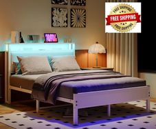 4FT6 Double Bed Frame with LED Lights and Charging Station, Heavy Duty Metal Platform Upholstered Bed frame with Storage Fabric Headboard,Metal Slats Support,Mattress Foundation (White)