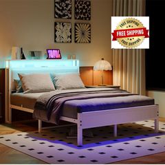 4FT6 Double Bed Frame with LED Lights and Charging Station, Heavy Duty Metal Platform Upholstered Bed frame with Storage Fabric Headboard,Metal Slats Support,Mattress Foundation (White)