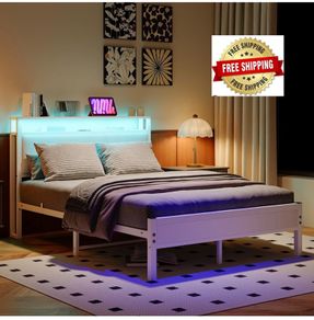 4FT6 Double Bed Frame with LED Lights and Charging Station, Heavy Duty Metal Platform Upholstered Bed frame with Storage Fabric Headboard,Metal Slats Support,Mattress Foundation (White)