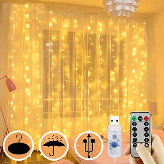 300 LED Curtain Lights, USB Window Lights, 3m x 3m 8 Modes Remote Control Fairy Light Waterproof LED Copper String Lights for Outdoor Indoor Wedding Party Garden Bedroom Decoration, Cool White (FREE SHIPPING)