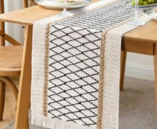 NEW SALE | Macrame Table Runner,Cream Beige Boho Table Runner with Tassels,Hand Woven Cotton and Burlap Splicing Table Runner,Rustic Farmhouse Table Runner for Bohemian,Kitchen Dining Table
