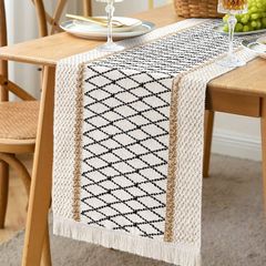 NEW SALE | Macrame Table Runner,Cream Beige Boho Table Runner with Tassels,Hand Woven Cotton and Burlap Splicing Table Runner,Rustic Farmhouse Table Runner for Bohemian,Kitchen Dining Table