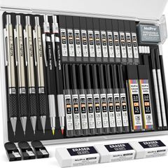 37PCS Art Mechanical Pencil Set, 4 PCS Metal Drafting Pencil 0.3mm & 0.5 mm & 0.7 mm & 0.9 mm & 2 PCS 2mm Lead Holder (6B 4B 2B HB 2H 4H) For Sketching Drawing With 20 Tube Lead Refills Case