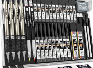 37PCS Art Mechanical Pencil Set, 4 PCS Metal Drafting Pencil 0.3mm & 0.5 mm & 0.7 mm & 0.9 mm & 2 PCS 2mm Lead Holder (6B 4B 2B HB 2H 4H) For Sketching Drawing With 20 Tube Lead Refills Case