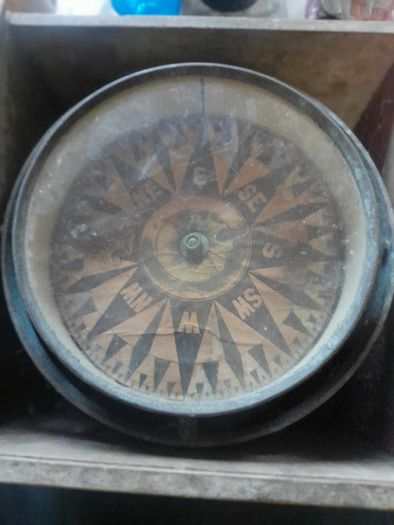Antique Large Ships Nautical Compass, models were produced by firms like Francis M. Moore Dublin & Belfast active 1854 to 1894 or Henry Hughes & Son of London., as indicated by the style of the compass rose  Stage or Movie Props