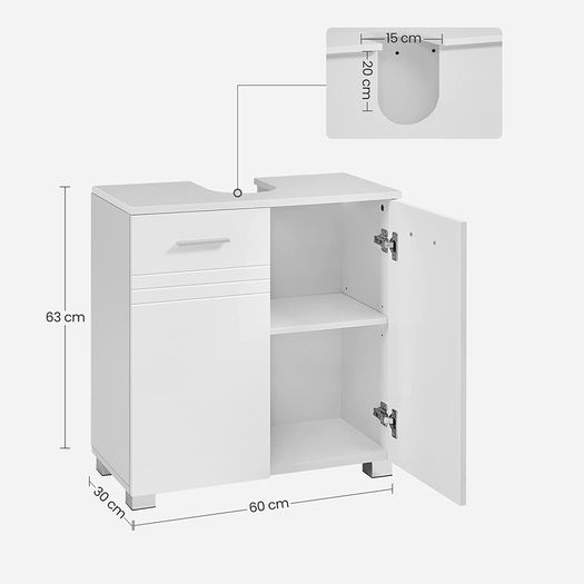 _Vanity unit, bathroom cabinet with double door, bathroom cabinet, adjustable shelf, softly closing hinges, for the bathroom, 60 x 30 x 63 cm, white