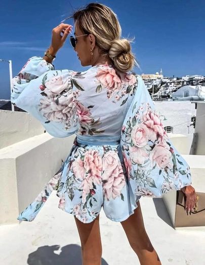 Blue set of chiffon tied top and shorts