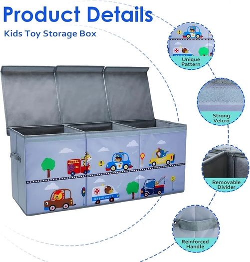 Extra Large Kids Toy Storage Box with Lid,Foldable Oxford Toy Storage Organizer Box for Boys 96/32/40cm Toy Chest with Handles for Bedroom Nursery,Animal Car