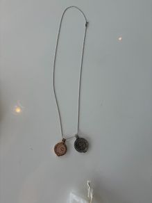 Mi Moneda silver and rose gold long necklace with Love and infinity discs