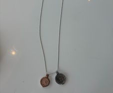 Mi Moneda silver and rose gold long necklace with Love and infinity discs