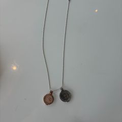 Mi Moneda silver and rose gold long necklace with Love and infinity discs