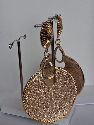 Gold Sunburst Hammered Round Disc Drop Earrings