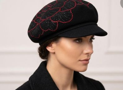 Wool Beret | Black with Red Floral Rhinestones