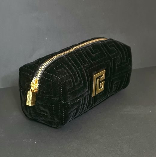 Balmain Black Quilted Velvet Cosmetic Bag, Gold Logo Luxury Pouch