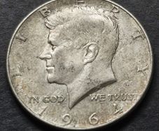 1964 United States "Kennedy Half Dollar" 90% Silver coin