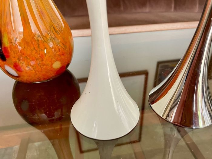 Vintage 20th Century Heavy Asymmetrical Stainless Steel and White Enamel Pair Of Candle Holders