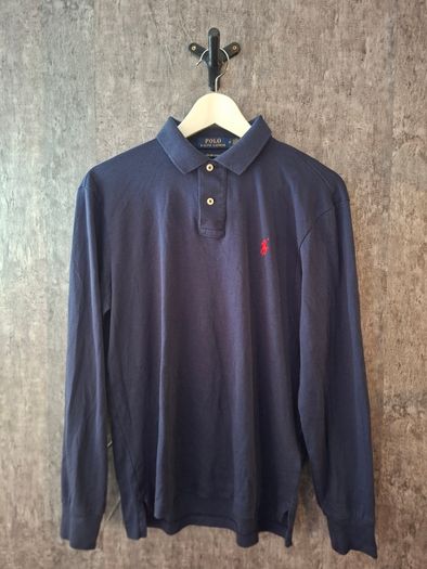 Polo Ralph Lauren Men's M Custom Slim Long Sleeve Polo Shirt Navy Blue Red Pony