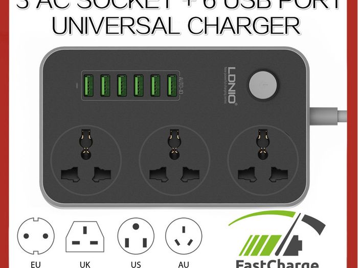 New Power Strip with 3 AC Sockets + 6 USB Ports