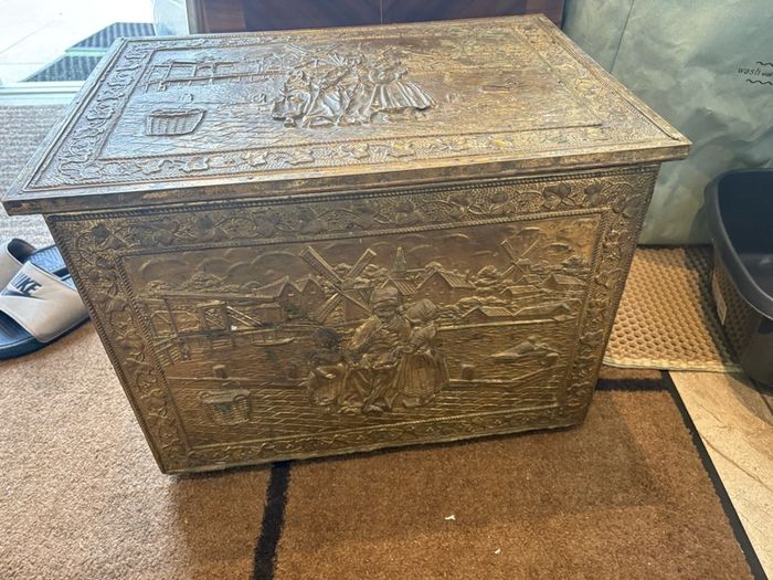 Large Vintage Ornament Embossed Brass coal or log storage box