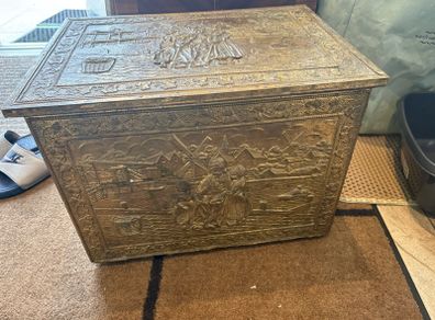 Large Vintage Ornament Embossed Brass coal or log storage box