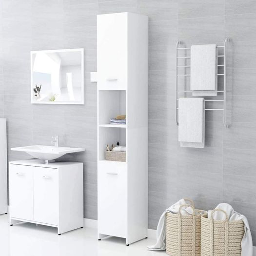 _Bathroom Furniture Set of 4 Mirror Cabinet Bathroom Cabinet Midi Cabinet Tall Bathroom Furniture Sink Cabinet White Chipboard