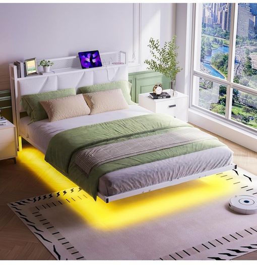 Floating Double Bed Frame with Upholstered Headboard Storage, White 135x190cm Metal Bed Frame with LED Lights & USB Charging Station, 4ft6 Platform Bed, Heavy Duty Metal Slats, Noise Free